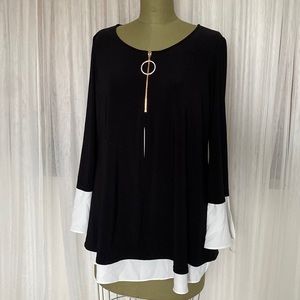 Joseph Ribkoff  Black overlay and off white Tunic long sleeves! zip crystal ring